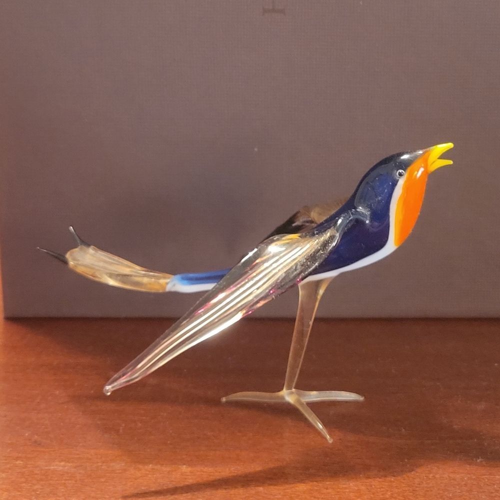 Vintage Murano Orange Blue Blown Glass Bird Figurine Dainty Decor